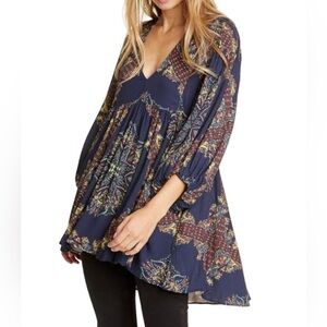 NWT Free People Girl Talk Hi-Low Tunic Dress Boho Navy Combo Size XS